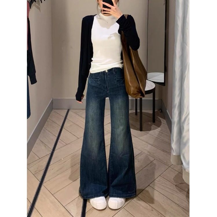 小个子阔腿微喇牛仔裤美式复古150CM高腰百搭弹力喇叭拖地裤XS女