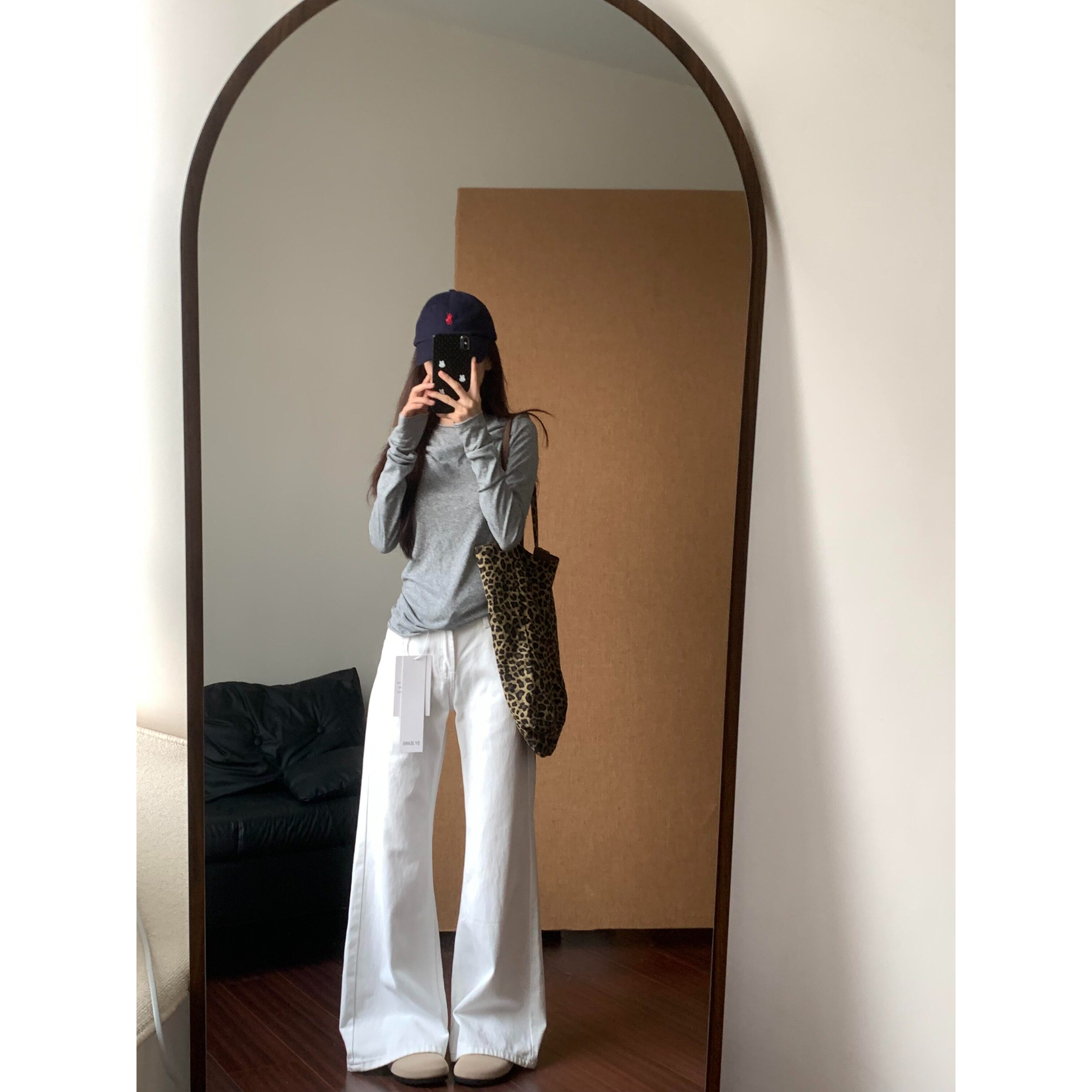 小个子白色不贴腿牛仔裤辣妹低腰微喇裤女秋季百搭垂感裤子拖地裤