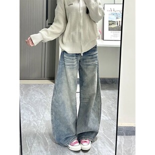 显高穿搭小个子复古做旧阔腿弯刀牛仔裤145CM低腰宽松直筒拖地裤