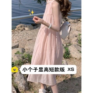 小个子显高150设计感无袖挂脖连衣裙度假风甜美大裙摆雪纺长裙xs