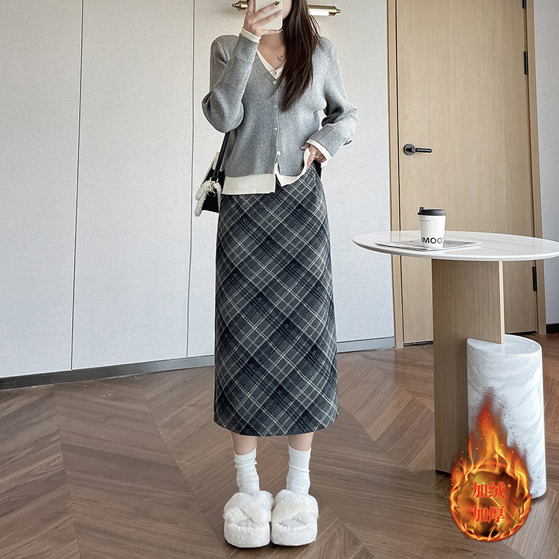 矮小个子毛呢中长裙冬季加绒保暖150CM高腰显瘦格子包臀半身裙XXS