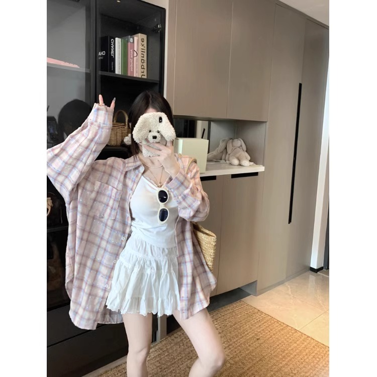矮小个子145cm减龄格子衬衫150休闲百搭粉色防晒长袖上衣外套XS夏