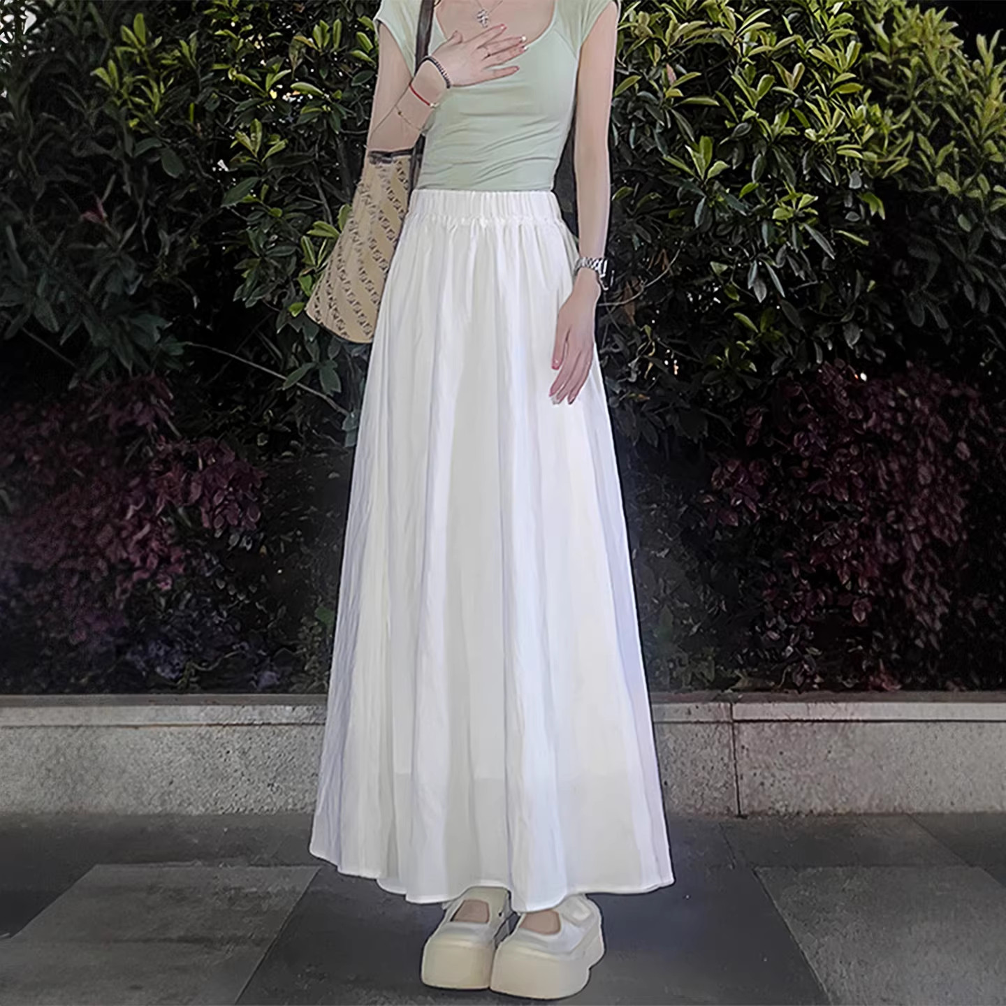 矮小个子白色垂感半身裙百搭显瘦150CM高腰a字中长款百褶裙XXS女