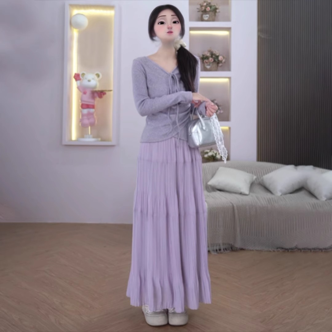 小矮个子145高级感紫色半身裙女150春季a字雪纺长裙高腰大摆裙xs