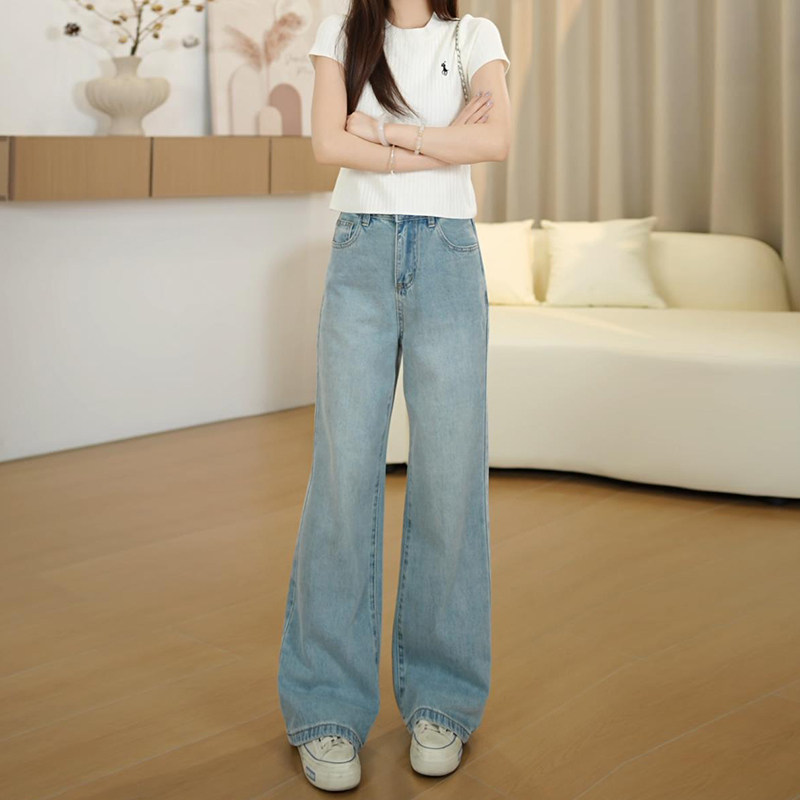 显瘦穿搭小矮个子150高腰牛仔直筒裤百搭设计感微喇裤九分长裤女