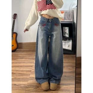 小个子美式复古烫钻直筒牛仔裤150CM低腰宽松刺绣垂感阔腿长裤XS