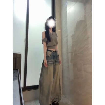 小个子复古刺绣弯刀阔腿牛仔裤150cm低腰宽松直筒显瘦拖地长裤女