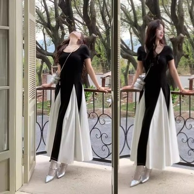 145矮小个子方领短袖连衣裙女150小众不撞款法式赫本风小黑裙XS夏