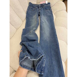 小个子美式不贴腿微喇牛仔裤百搭显瘦145低腰宽松直筒裤喇叭长裤