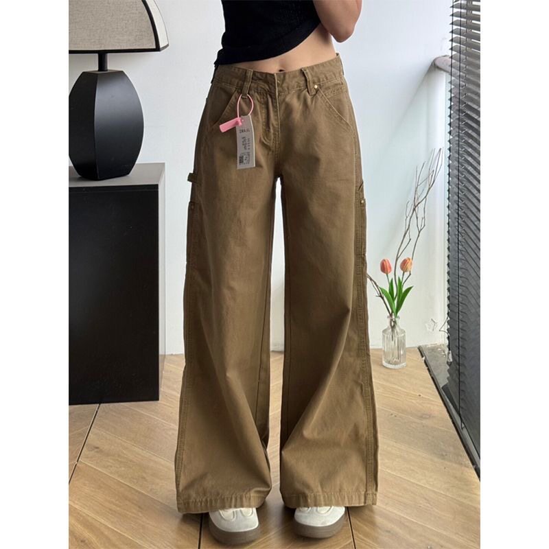 145小个子卡其色美式直筒工装牛仔裤百搭减龄低腰垂感休闲阔腿裤