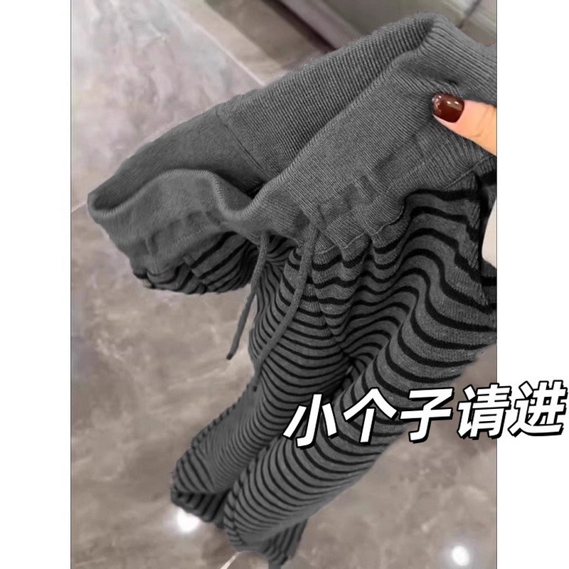 小个子chic条纹阔腿裤抽绳减龄百搭150CM宽松垂感休闲裤八分裤XXS