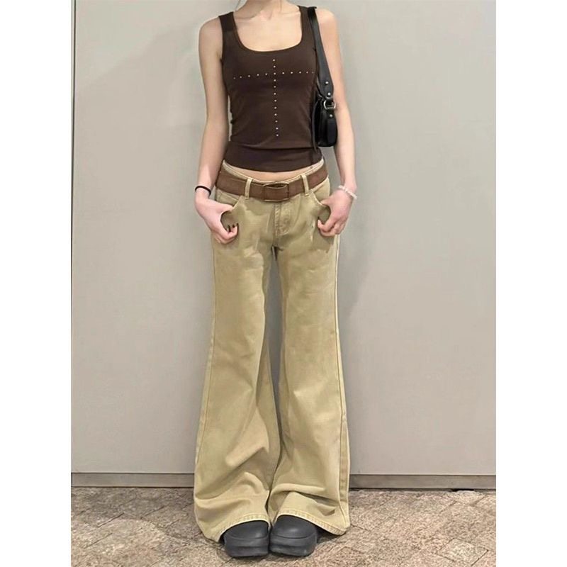 小个子卡其色微喇牛仔裤显高145低腰宽松显瘦直筒喇叭拖地裤XS女