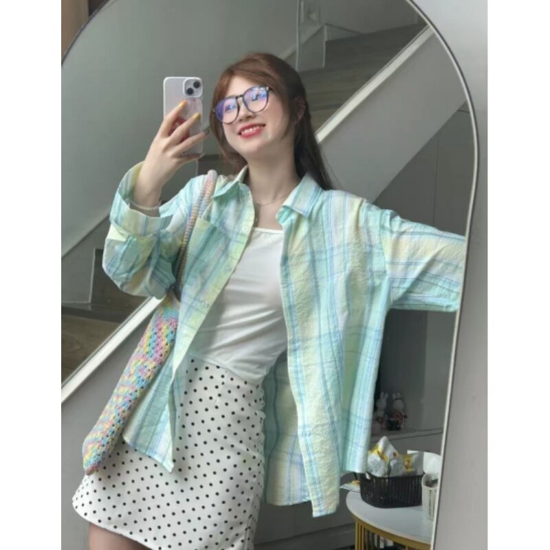 薄荷绿格子衬衫外套女2026小个子法式温柔小清新氛围感防晒衫衬衣