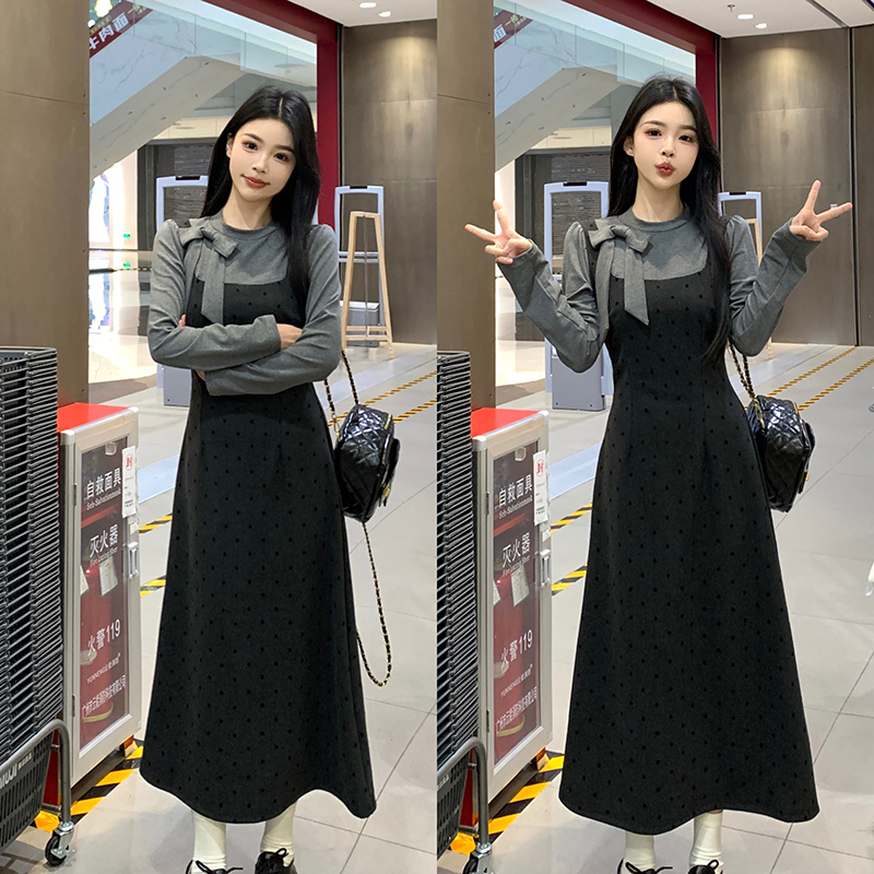 矮小个子早秋miu系穿搭连衣裙减龄百搭145cm收腰显瘦假两件中长裙