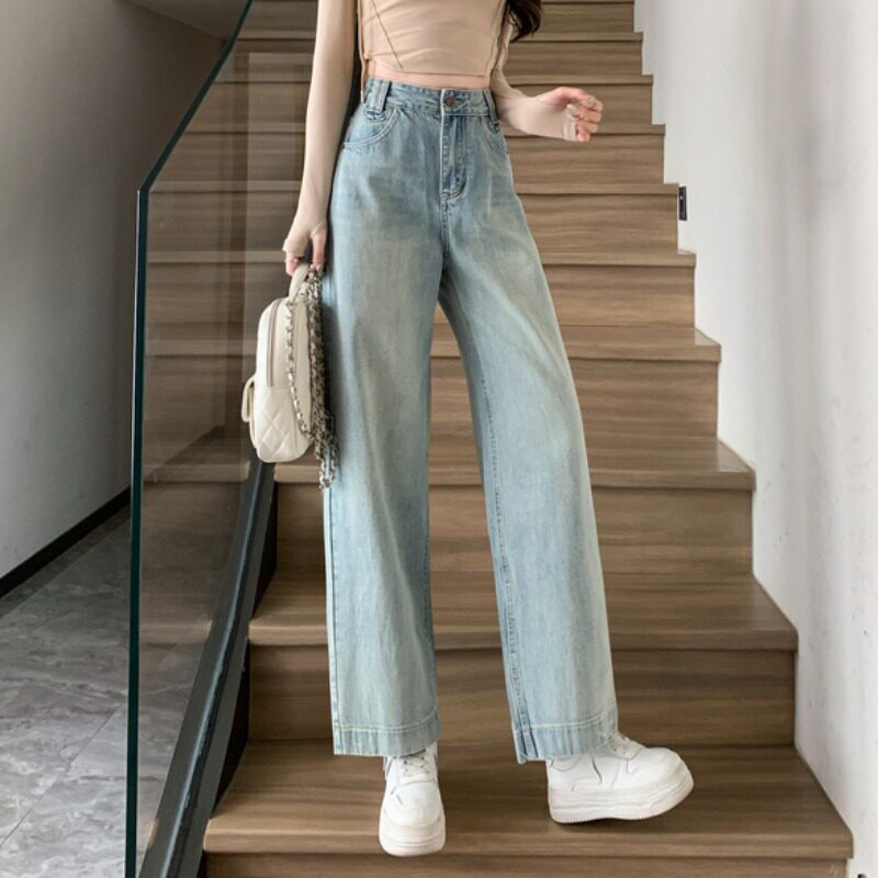 145CM矮小个子显高高腰牛仔阔腿裤150减龄穿搭宽松直筒裤九分长裤