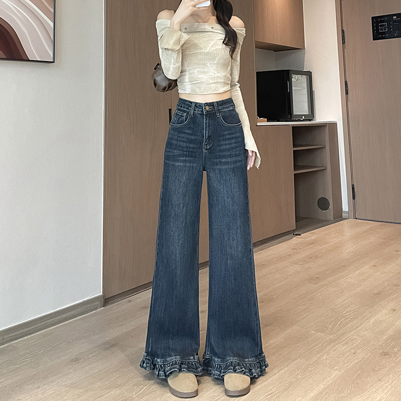 显瘦穿搭小个子牛仔直筒裤设计感150CM高腰木耳花边宽松阔腿长裤
