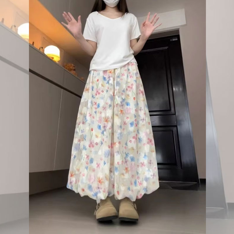 145cm矮小个子高腰碎花花苞裙裤夏季薄款宽松冰丝休闲阔腿裤xxs女