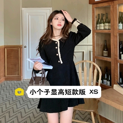 145cm矮小个子法式赫本丝绒连衣裙女秋冬高级感v领收腰中长裙xs码