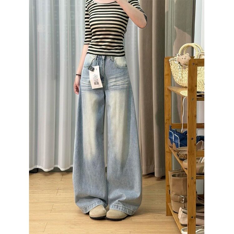 矮小个子美式复古口袋刺绣弯刀牛仔裤150cm高腰宽松显瘦阔腿裤XS