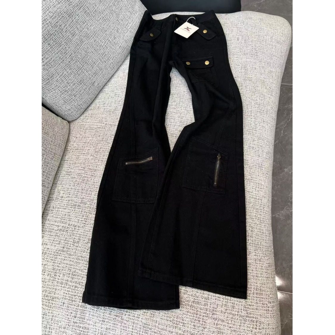 150小个子美式复古黑色工装微喇牛仔裤女高腰显瘦直筒马蹄裤子xs