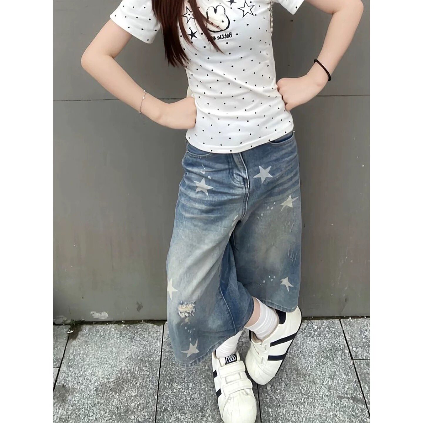 小个子美式宽松牛仔短裤设计感显瘦150cm百搭高腰印花七分裤XS女