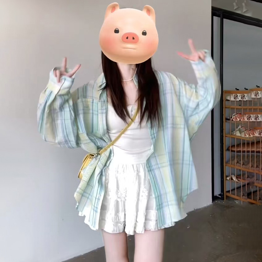 夏季外套韩系宽松防晒长袖格子衬衫慵懒设计感上衣薄荷小个子穿搭