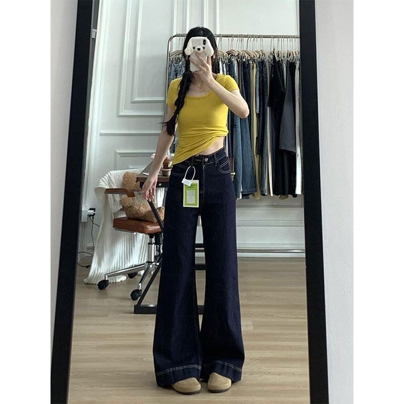 小个子美式丹宁蓝微喇牛仔裤减龄150CM高腰宽松显瘦阔腿拖地长裤