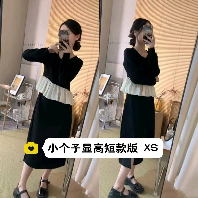 小个子150显高法式气质赫本风设计感荷叶边长袖连衣裙开叉裙xs秋