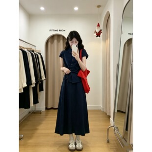 小个子145cm韩系仿牛仔短袖上衣设计感高腰中长款半身裙套装xs夏