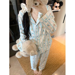 矮小个子甜美可爱卡通小熊印花长袖睡衣150宽松舒适上衣长裤套装
