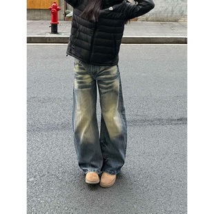 小个子美式弯刀阔腿牛仔裤高街复古150cm高腰百搭宽松直筒拖地裤