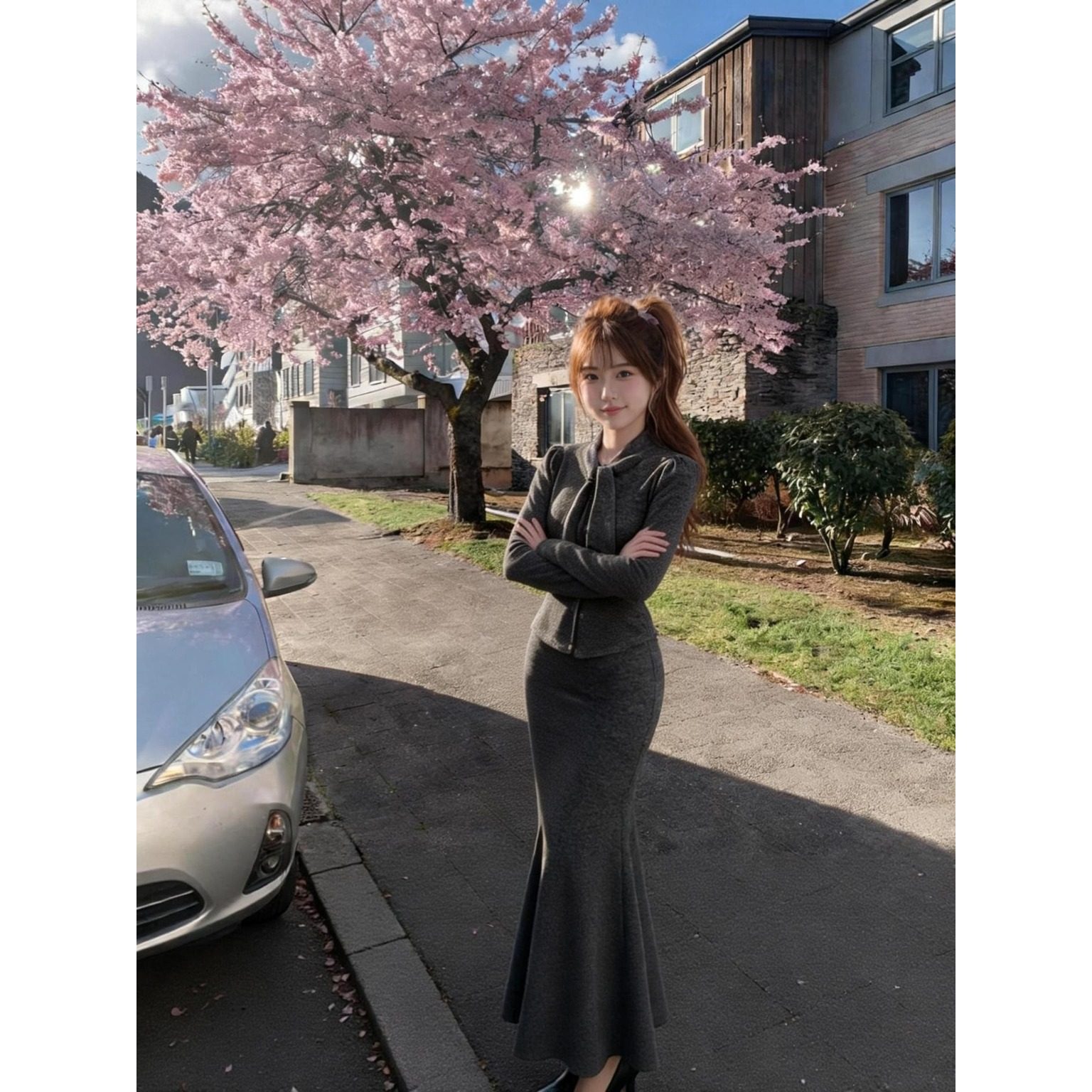 小矮个子飘带开衫上衣显瘦法式145CM中长款高腰鱼尾裙半身裙套装