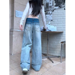 小个子美式复古口袋刺绣阔腿牛仔裤150CM低腰宽松直筒裤拖地长裤