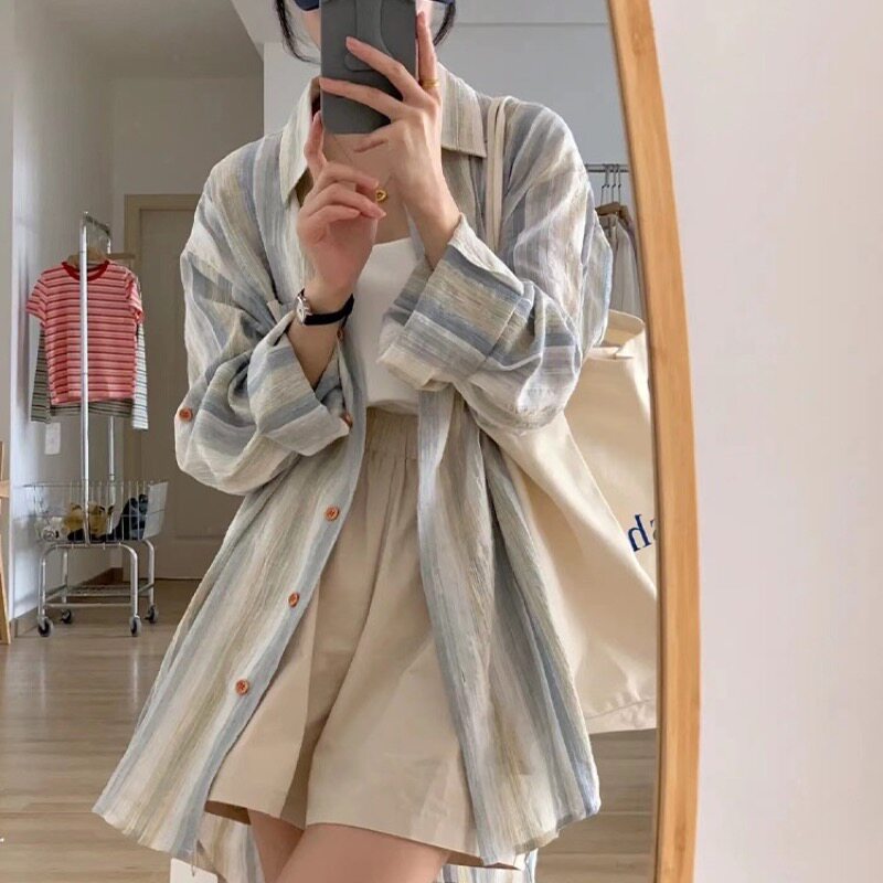 小个子防晒衬衫外套外搭蓝色条纹衬衣春季上衣开衫夏薄款轻薄罩衫