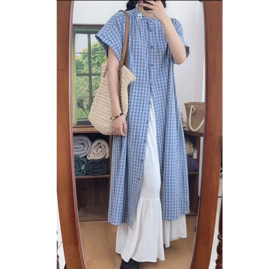 矮小个子复古松弛感撞色蓝格子衬衫女圆领格纹宽松百搭短袖衬衫夏