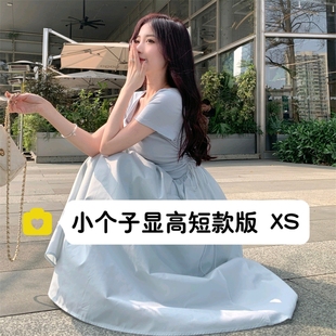 气质收腰长裙xs 小矮个子145极简风高腰方领连衣裙女150设计感法式