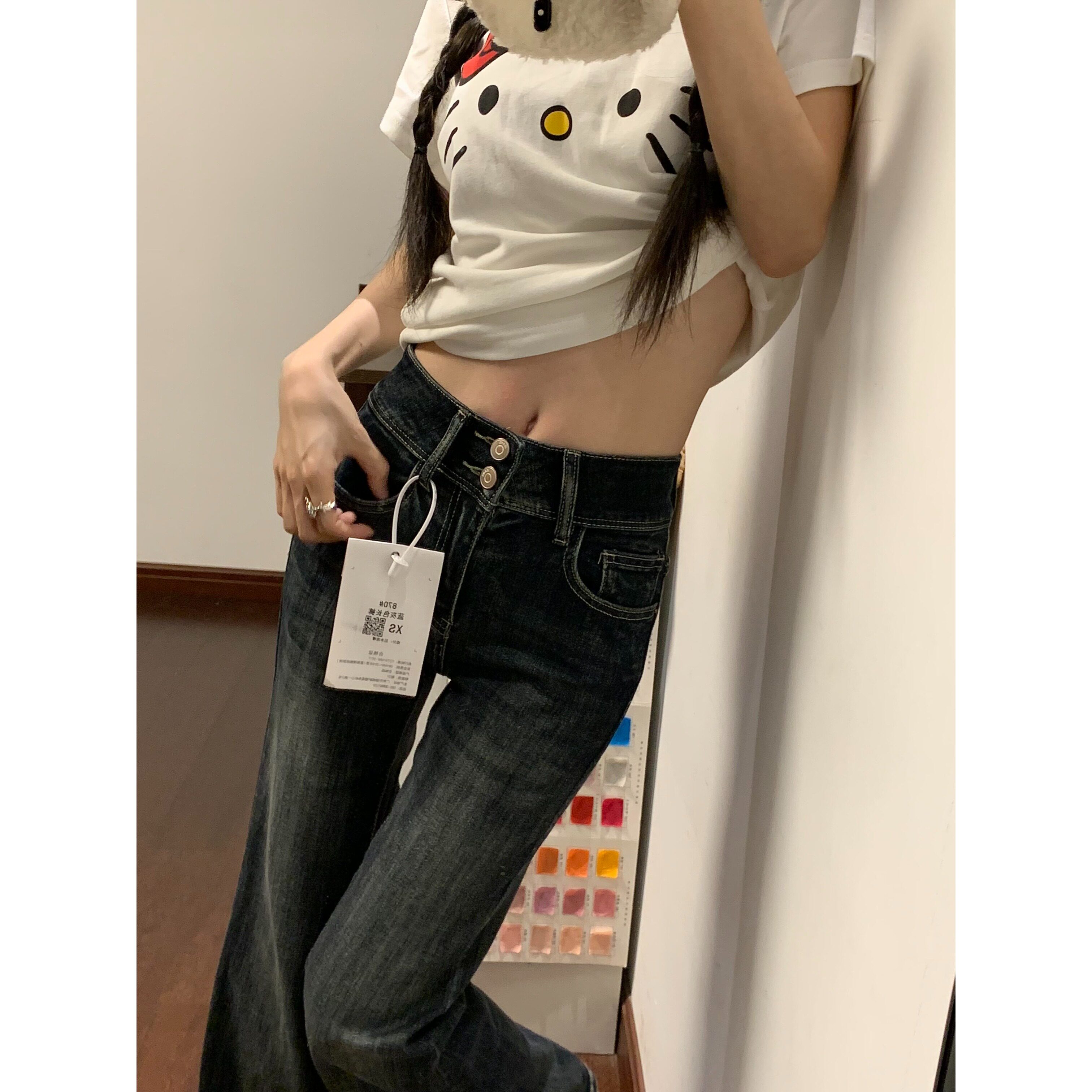 150cm小个子做旧蓝灰色微喇叭牛仔裤女夏季薄款弹力修身马蹄长裤