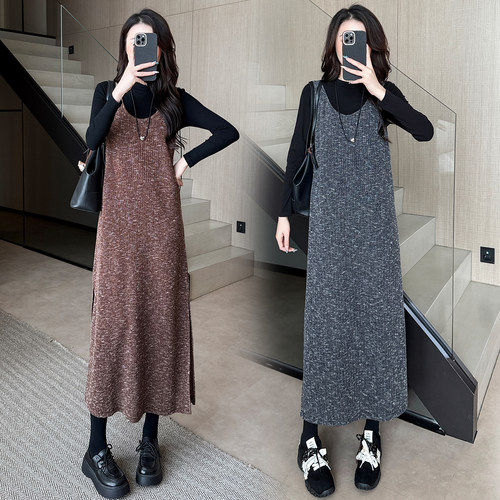 早秋新款145矮小个子长袖T恤针织连衣裙修身显瘦黑色上衣长袖套装