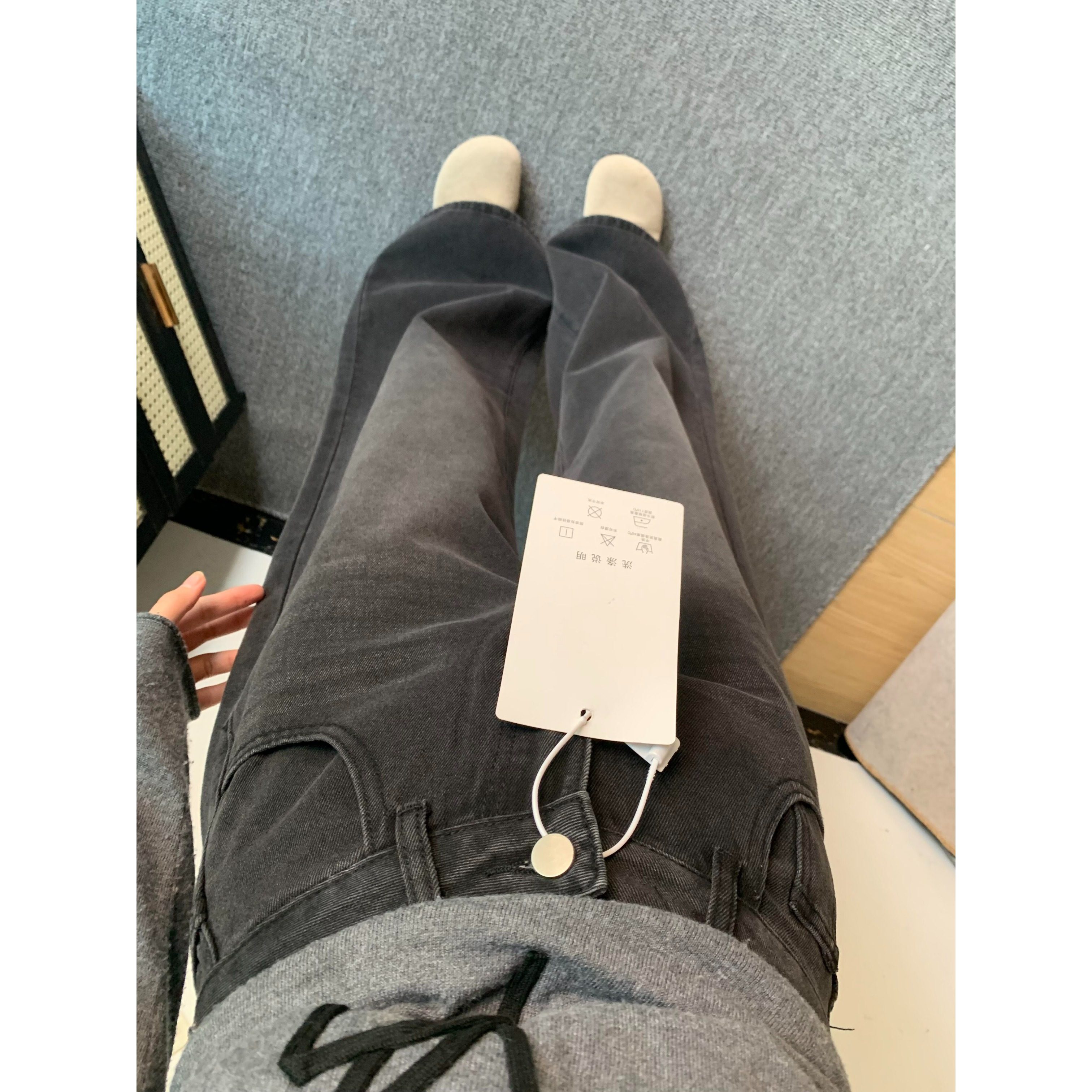 减龄穿搭小个子黑灰色阔腿牛仔裤复古150高腰宽松直筒裤拖地裤XS