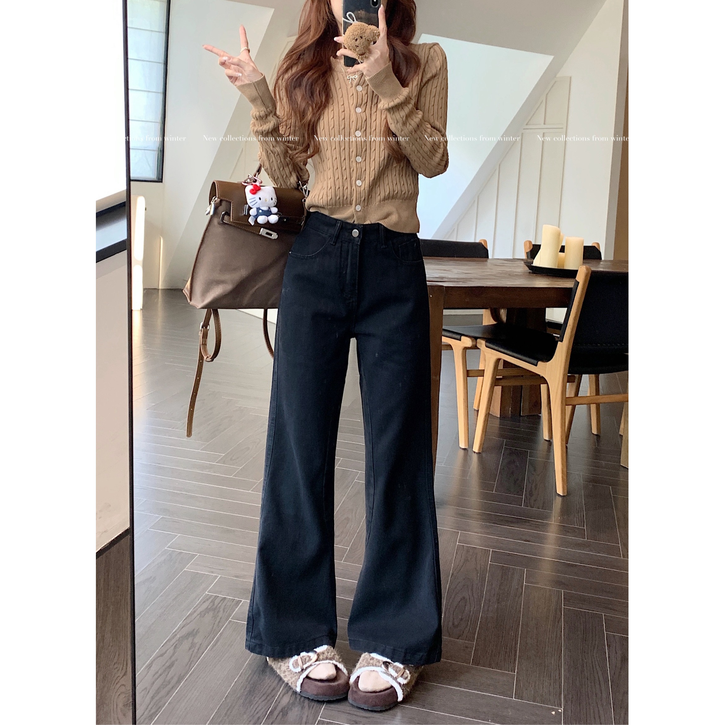 小矮个子150cm高腰宽松阔腿牛仔裤美式黑色微喇显瘦喇叭拖地裤潮