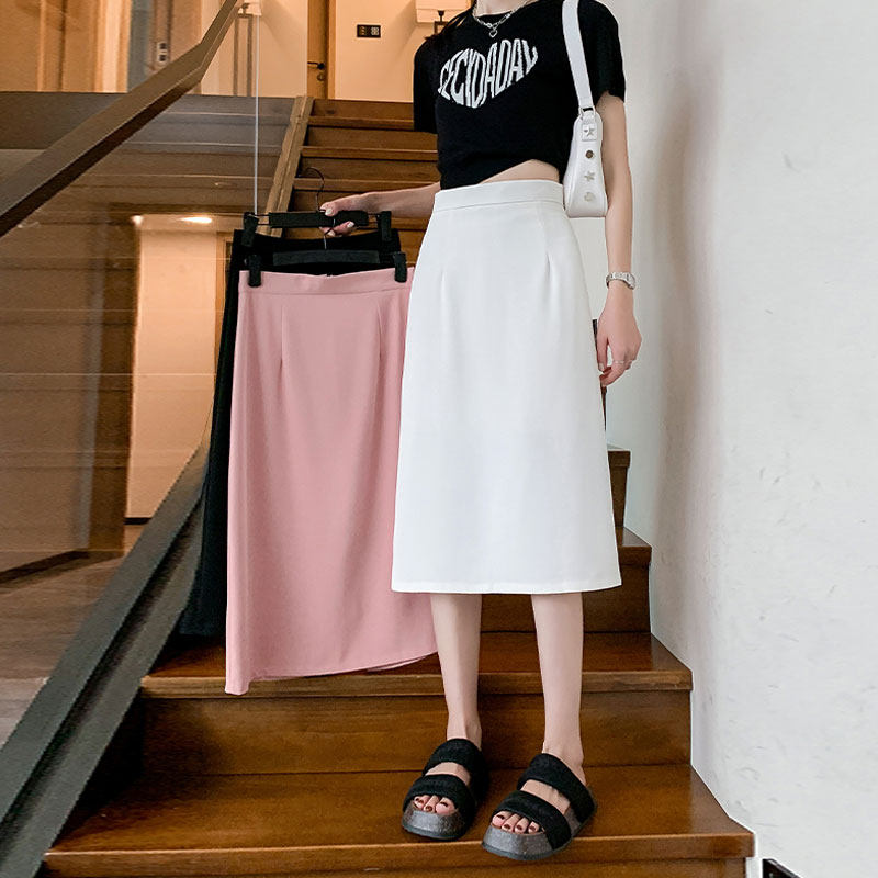 显瘦穿搭矮小个子高腰白色西装半身裙薄款设计感显高后开叉中长裙