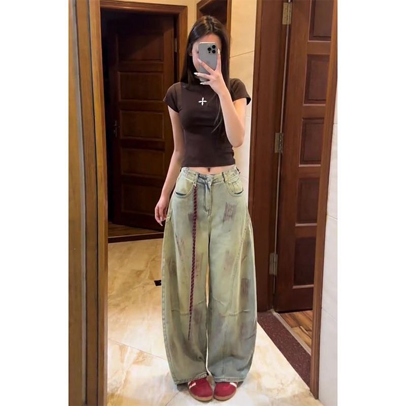 小个子美式脏染弯刀阔腿牛仔裤复古150CM低腰百搭宽松直筒长裤XS