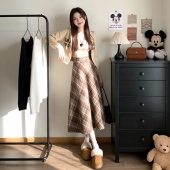 小矮个子格纹毛呢半身裙学院风减龄145CM高腰大摆伞裙中长款 a字裙