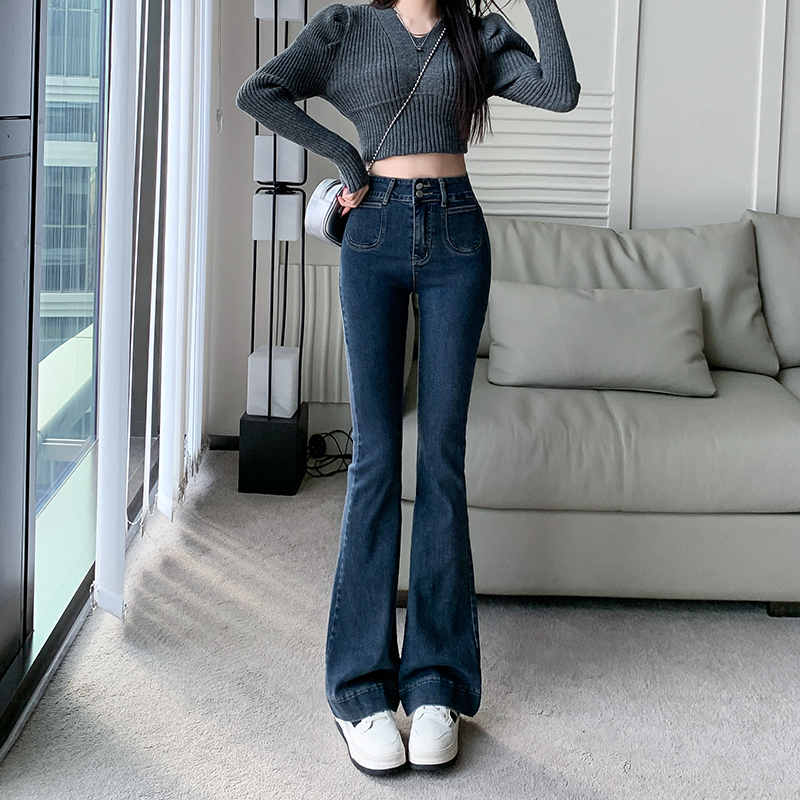 150CM小个子牛仔微喇裤修身弹性显瘦145显高高腰喇叭裤拖地长裤XS