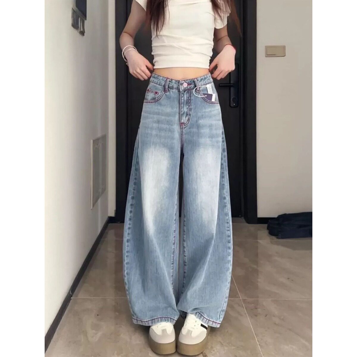 小个子红色刺绣浅蓝色阔腿牛仔裤女夏季新款宽松显瘦直筒拖地长裤