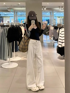 150矮个子白色阔腿牛仔裤女新款美式褶皱高级感宽松垂感裤子潮xs