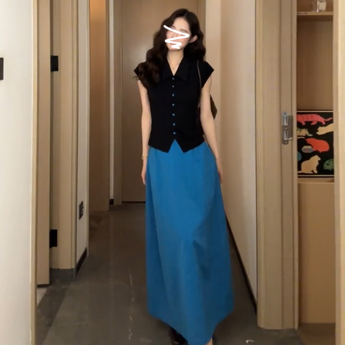 小个子气质黑色短袖上衣显瘦一整套穿搭150cm显高高腰半身中长裙