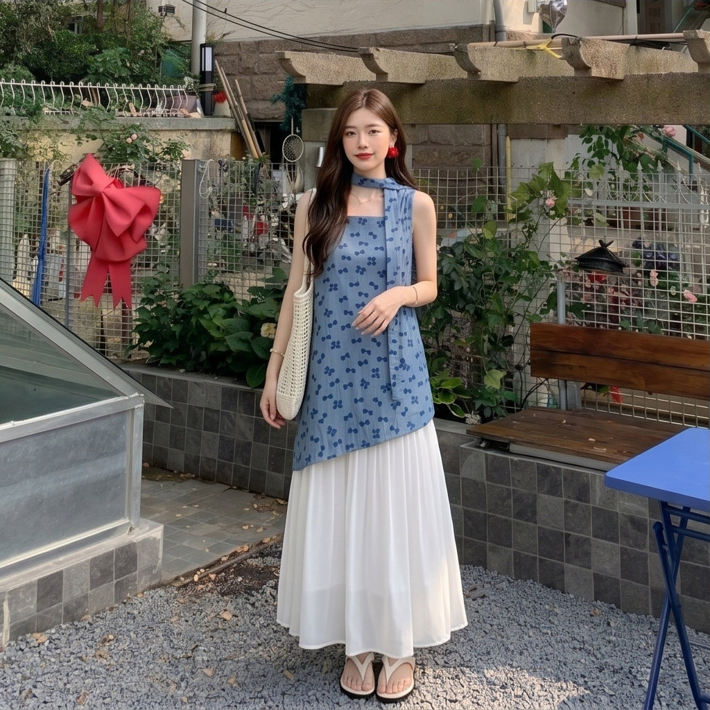 不规则裙子简单大气小个子蓝色连衣裙无袖假两件2026新款女款夏季