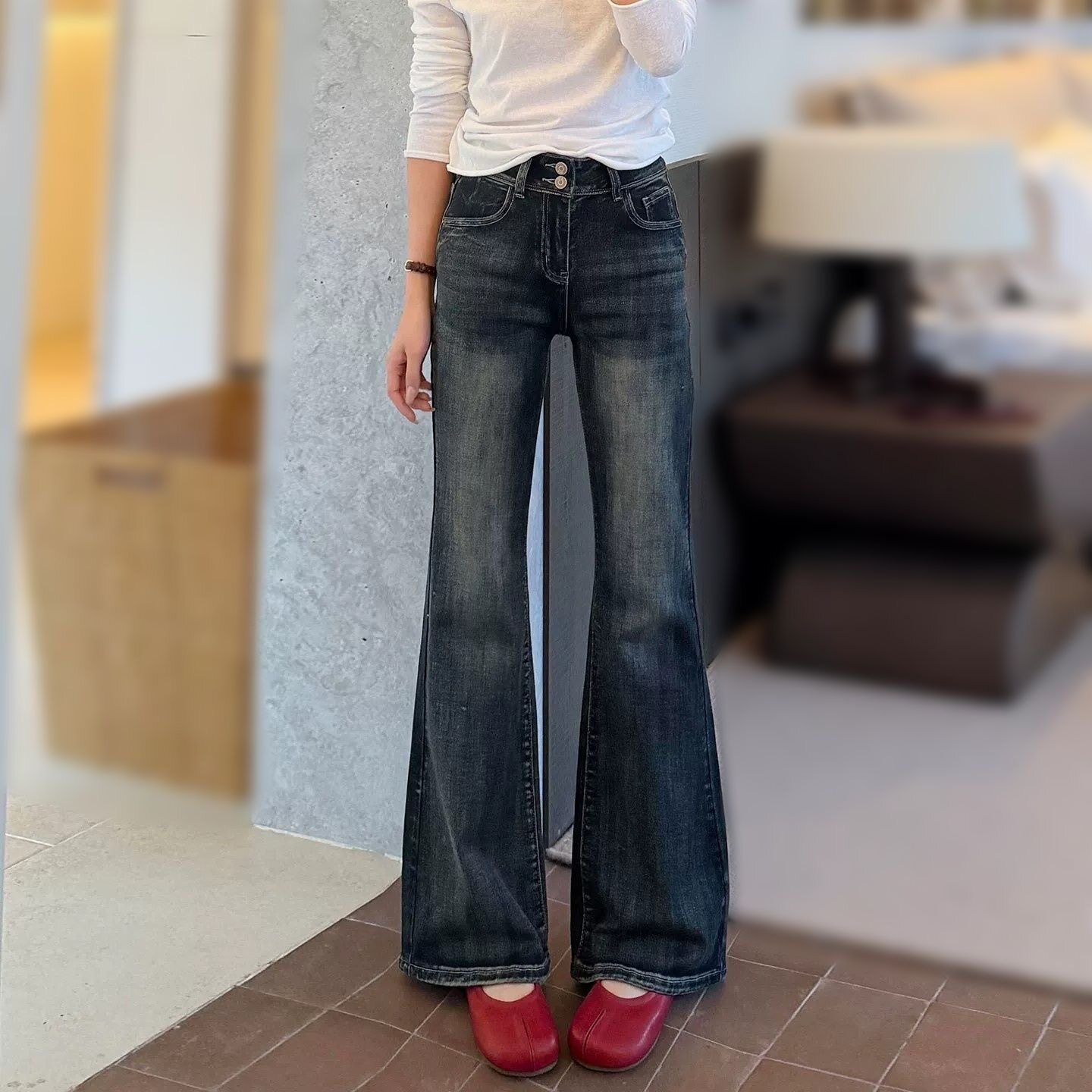 小个子美式复古双扣微喇牛仔裤百搭145cm高腰弹力显瘦马蹄长裤子