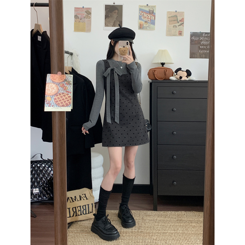 秋季新款150CM小个子甜美风假两件波点连衣裙减龄蝴蝶结显瘦A字裙